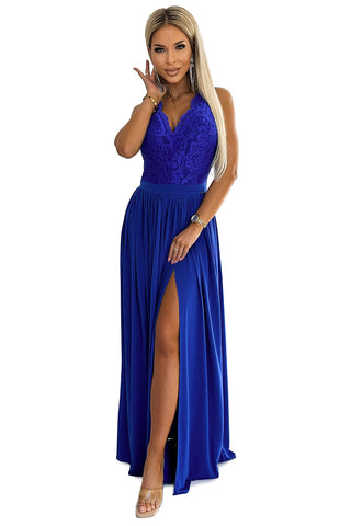 Μακρύ φόρεμα με λαιμόκοψη από δαντέλα - Μπλε