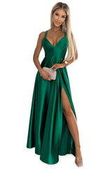 Scoop Neck Long Satin Dress With Cross Straps - Green