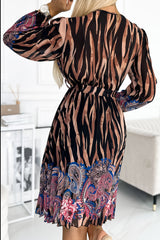 Robe midi plissée à manches longues, fleurs roses - imprimé animal