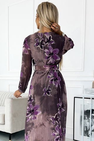 Πλισέ μακρύ φόρεμα σιφόν με μακριά μανίκια μοβ μεγάλα λουλούδια