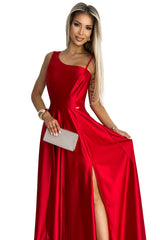 Robe longue élégante en satin à une épaule - Rouge