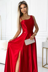 Robe longue élégante en satin à une épaule - Rouge