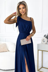 Robe longue brillante à une épaule avec nœud - Nany Blue