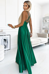 Scoop Neck Long Satin Dress With Cross Straps - Green