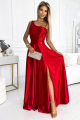 Robe longue élégante en satin à une épaule - Rouge