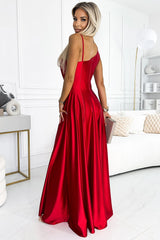 Robe longue élégante en satin à une épaule - Rouge