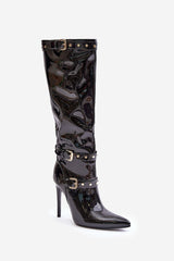 Bottes à talons aiguilles en cuir verni à boucles - noir