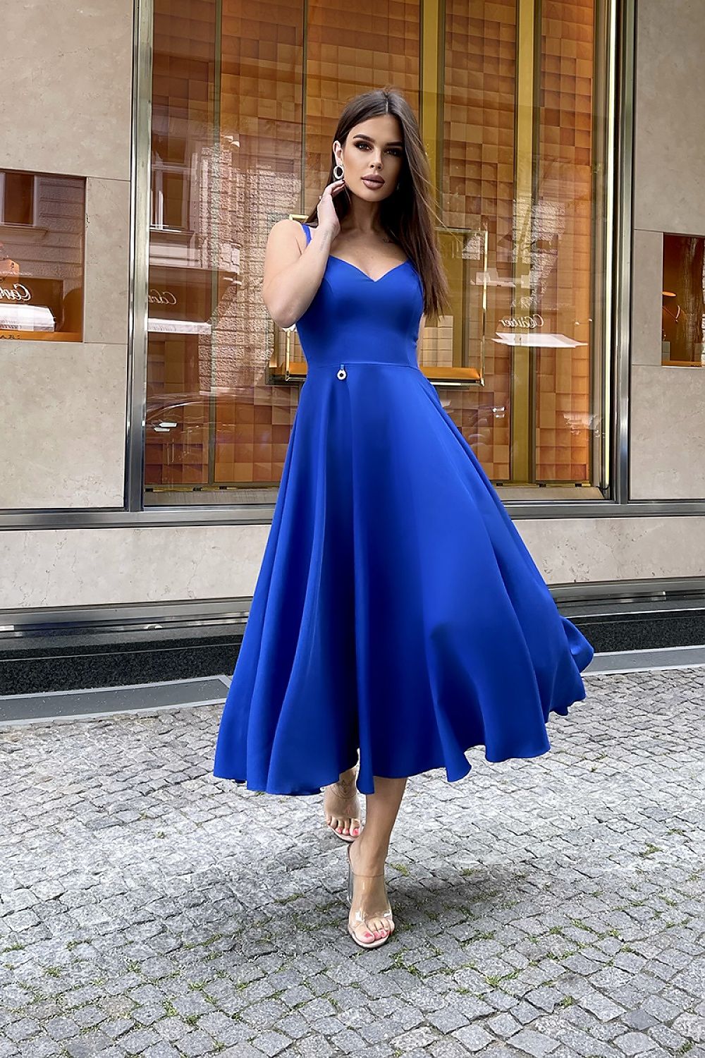 Midi Φόρεμα Ελαφρώς Φαρδύ Με Τιράντες Σε μπλε