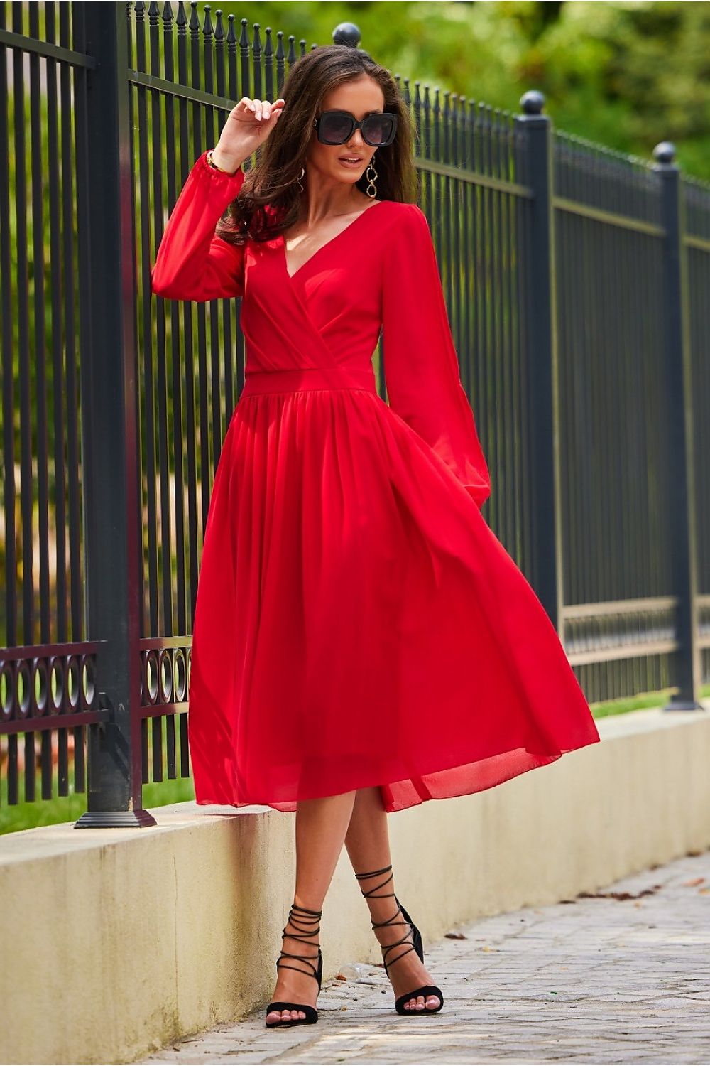 Κοκτέιλ Midi Φόρεμα Με Μακριά Μανίκια Κόκκινο