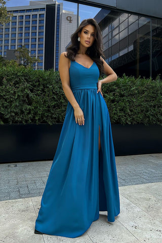 Μακρύ Φόρεμα Με Τιράντες Γυαλιστερό Μπλε