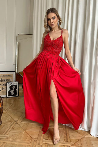 Μακρύ σατέν Φόρεμα Με Τιράντες Σε κόκκινο