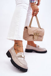 Moccasins with heel & decorative chain in gray