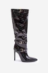 Bottes à talons aiguilles en cuir verni à boucles - noir