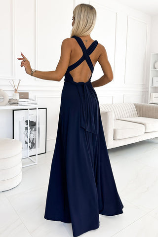 Κομψό μακρύ φόρεμα δεμένο με πολλούς τρόπους - navy blue
