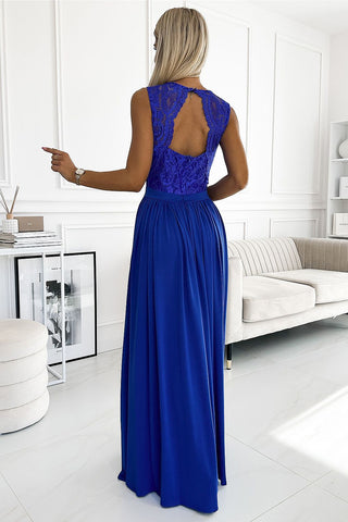 Μακρύ φόρεμα με λαιμόκοψη από δαντέλα - Μπλε