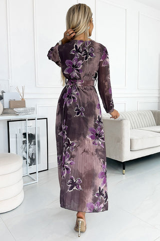 Πλισέ μακρύ φόρεμα σιφόν με μακριά μανίκια μοβ μεγάλα λουλούδια