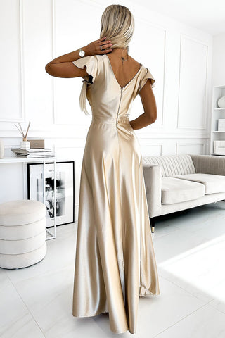 Σατέν μακρύ φόρεμα  με λαιμόκοψη Μπεζ - Χρυσό