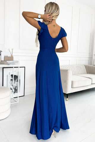 Γυαλιστερό μακρύ φόρεμα με λαιμόκοψη - βασιλικό μπλε