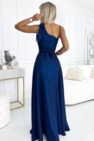 Μακρύ γυαλιστερό φόρεμα με έναν ώμο με φιόγκο - Nany Blue