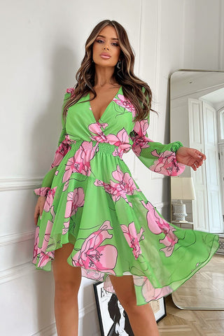 Φόρεμα Chiffon Με Λουλούδια Σε Πράσινο