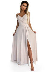 Maxi Dress With Straps In Beige With Glitter