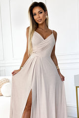 Maxi Dress With Straps In Beige With Glitter