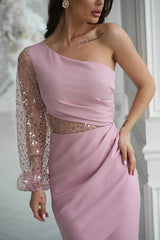 Pink One Shoulder Sequin Sleeve Short Dress