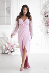 Pink Evening Dress With Sequins On The Sleeves