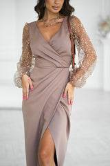 Brown Evening Dress With Sequins On The Sleeves