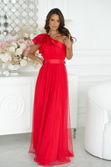 Long Satin Ruffle Dress - Red