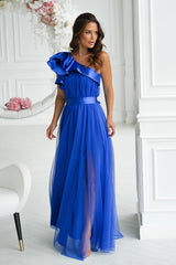 Long Dress With Satin Ruffles - Royal Blue