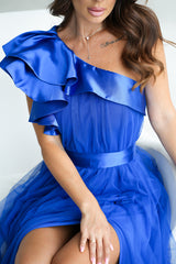 Long Dress With Satin Ruffles - Royal Blue