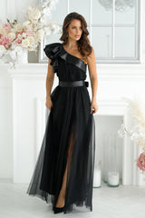 Long Satin Ruffle Dress - Black