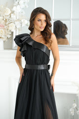 Long Satin Ruffle Dress - Black