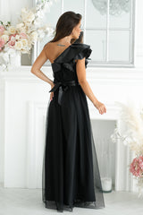 Long Satin Ruffle Dress - Black