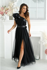 Long Satin Ruffle Dress - Black