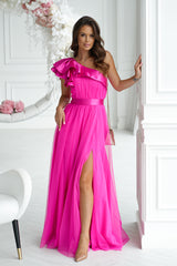 Long Dress With Satin Ruffles - Fuchsia