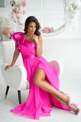 Long Dress With Satin Ruffles - Fuchsia