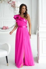 Long Dress With Satin Ruffles - Fuchsia