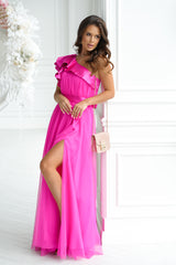 Long Dress With Satin Ruffles - Fuchsia