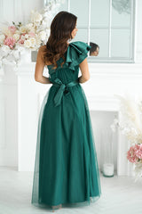 Long Satin Ruffle Dress - Dark Green