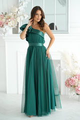 Long Satin Ruffle Dress - Dark Green