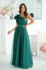 Long Satin Ruffle Dress - Dark Green