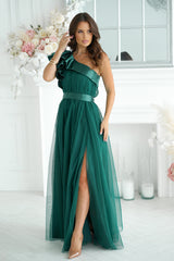 Long Satin Ruffle Dress - Dark Green