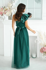 Long Satin Ruffle Dress - Dark Green