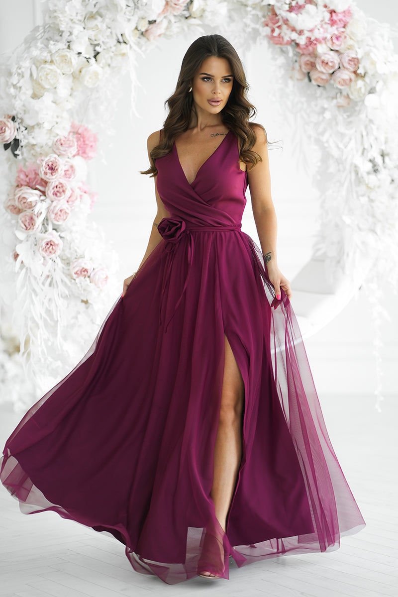 Burgundy Belted Long Dress