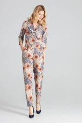 Women's Jumpsuit With Pleats &amp; Pattern In Beige