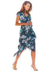 Cocktail Midi Floral Wrap Dress In Navy Blue