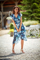 Cocktail Midi Floral Wrap Dress In Navy Blue