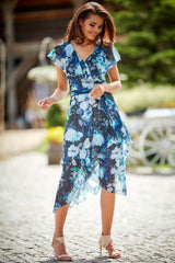 Cocktail Midi Floral Wrap Dress In Navy Blue